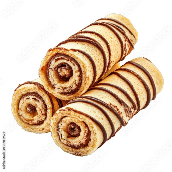 Fototapeta Delicious chocolate swirl pastries, golden-brown rolled pastries with rich chocolate drizzle, perfect for dessert displays. Isolated on white background or PNG