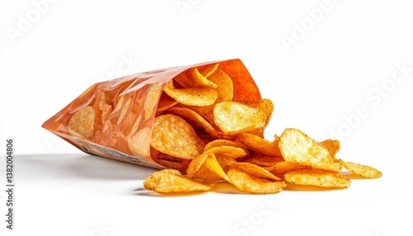 Fototapeta image of potato chips spilling from a snack bag texture and vibrant colors no suitable for snack food advertisements focus cover all object. Crispy snacks burst from