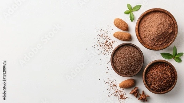 Fototapeta Assorted spices and powders in wooden bowls on white background