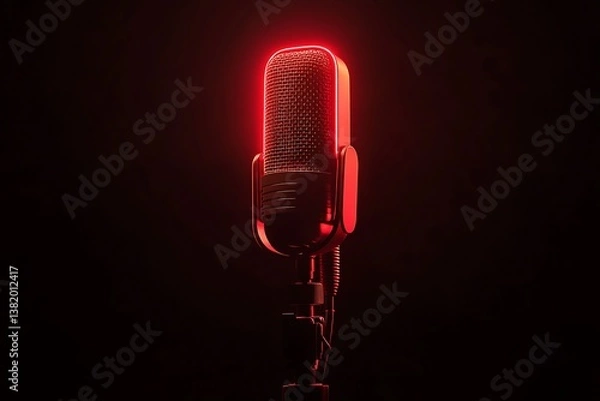 Fototapeta Neon red glow around a podcasting microphone on a black background, symbolizing the passion digital audio content