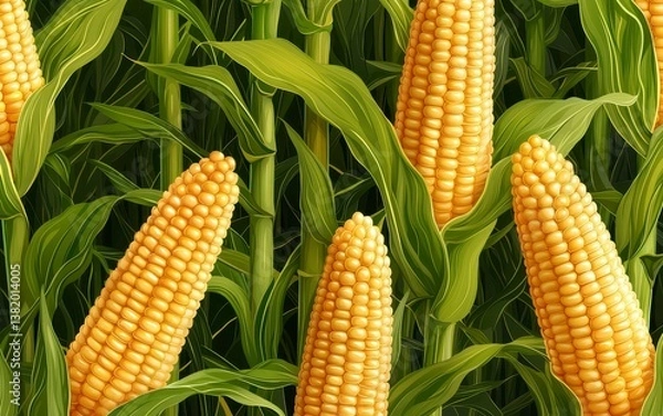 Fototapeta Lush corn graphic illustration stalks reaching high with bright green leaves and plump golden ears intricate details highlighting the texture and vibrancy of the cornfield. Golden harvest