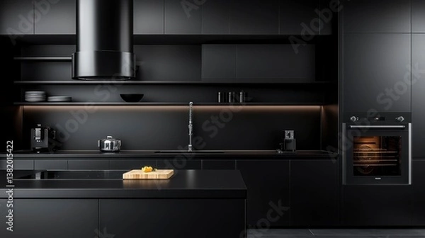 Fototapeta Sophisticated kitchen design with sleek black cabinets expansive black island featuring a breakfast bar state of the art appliances minimalist fixtures and open shelving. Modern