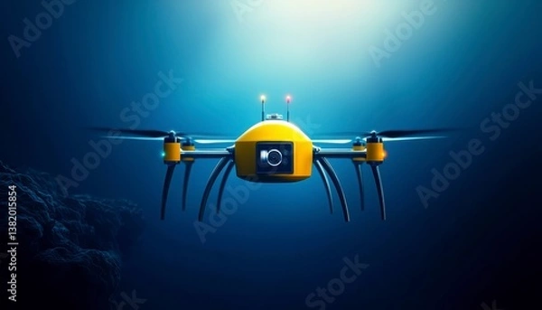 Fototapeta Underwater exploration drone in a deep sea abyss recording high definition footage of rare marine life and geological formations minimalist style. Deep ocean robot films sea creatures.
