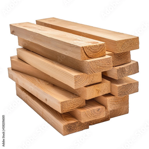 Fototapeta Freshly cut wooden planks stacked neatly, light-colored timber suitable for construction or crafting projects, ample space for text. Isolated on white background or PNG