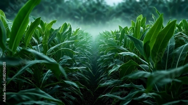 Fototapeta Wide angle shot of a lush green cardamom plantation tall plants swaying gently in the breeze early morning mist adding a mystical touch realistic and highly focus on texture and depth.