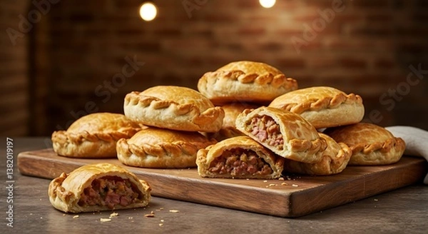 Fototapeta Delicious Empanadas Stacked on a Wooden Board Ready to Serve