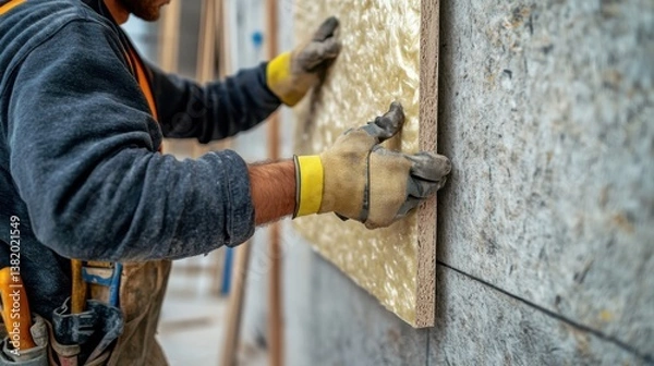 Obraz A construction worker installing insulation boards on a wall at a building site. Featuring focus and care