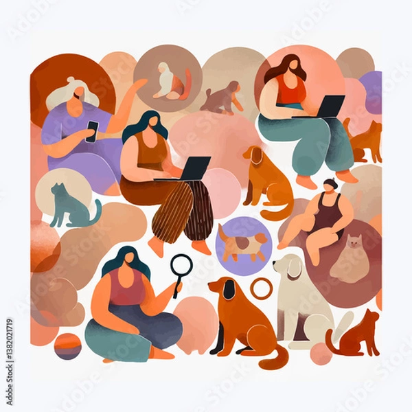 Fototapeta A collection of minimalist collages featuring women, animals, and cozy home scenes. The illustrations use simple, organic shapes and a flat, warm pastel palette to convey comfort and calm.