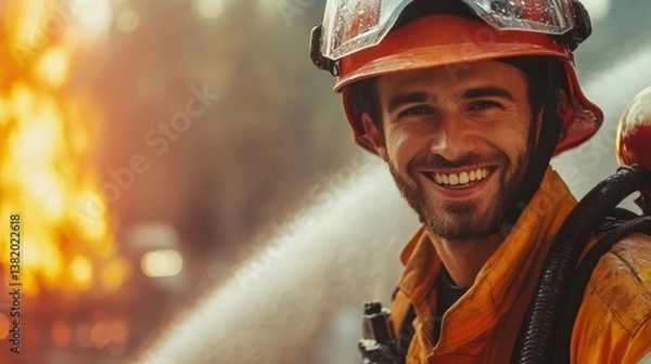 Obraz Smiling Firefighter: A brave firefighter, radiating strength and optimism, smiles warmly amidst the heat and water spray of a fire scene, embodying heroism and dedication.