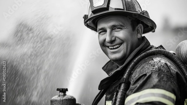Fototapeta Brave Protector: Smiling fire fighter hero in action with focused gaze, demonstrating courage and strength while fighting the fire