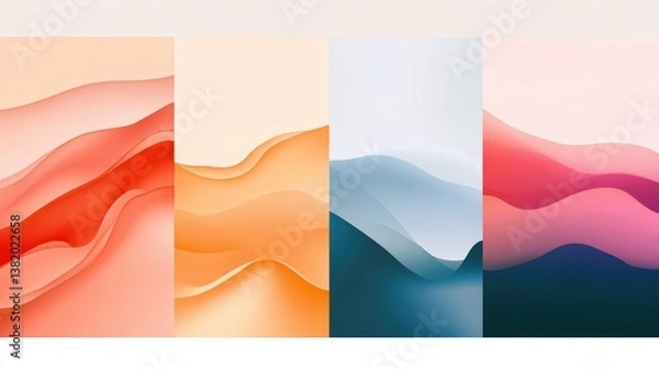 Fototapeta Abstract Waves: A series of four vibrant panels featuring abstract waves in shades of orange, red, pink and blue, creating a visual representation of movement, fluidity and creativity.