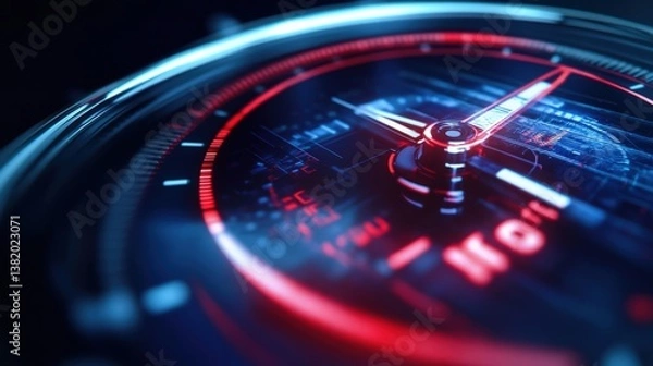 Fototapeta Dynamic Speedometer: Captivating close-up of a speedometer dashboard, the illuminated needle pointing towards rapid acceleration, symbolizing speed, technology, and the thrill of motion.