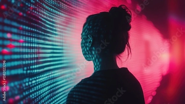 Obraz Digital Explorer: A silhouette of a woman gazes towards a vibrant digital display, symbolizing the exploration of technology and the future.