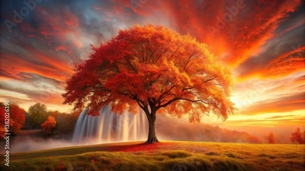 Obraz Fiery Autumn Sunset A Solitary Tree Stands Sentinel Before a Cascading Waterfall, Bathed in the Warm Glow of the Setting Sun