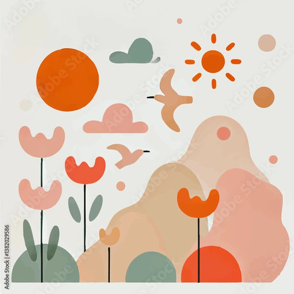 Fototapeta A cheerful set of minimalist illustrations featuring tulips, birds, sun, and people playing outdoors. Designed with simple organic shapes and a flat pastel color palette ideal for spring themes.