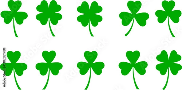 Obraz Lucky four, three clover shamrock leaf icon flat style vector illustration set. Irish Celtic St Patrick Day logo shamrock clover leaf symbol collection. Luck and happiness floral Irish ornament