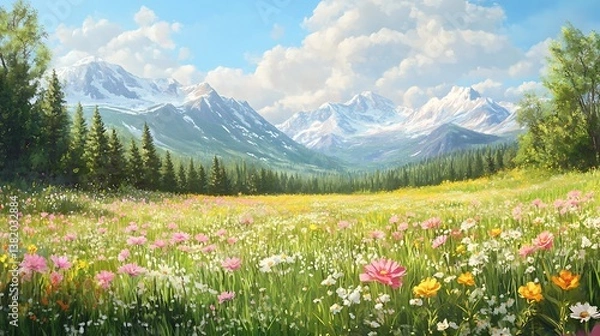 Fototapeta A stunning, ultra-realistic landscape of a vast meadow in full bloom, featuring colorful wildflowers in shades of pink, yellow, white, and orange scattered across lush green grass.