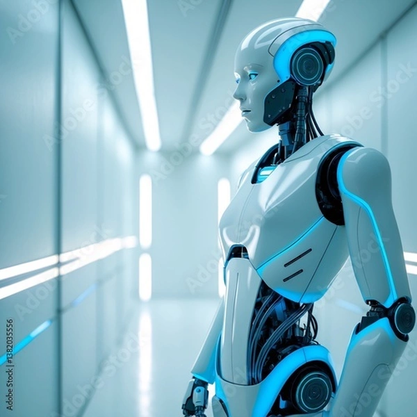 Fototapeta Sleek Humanoid Robot AI White & Neon Blue Futuristic Design  Generative AI