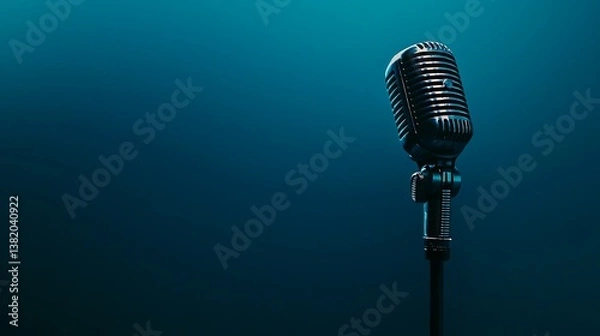 Fototapeta Studio microphone against a dark blue background with ample space for branding or text