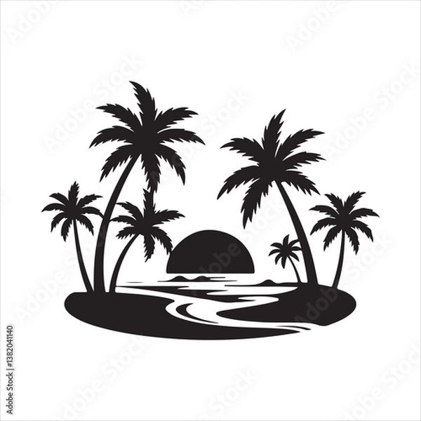 Fototapeta Silhouette of palm trees on an island with the sun setting over the ocean.