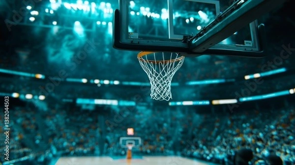 Fototapeta Close-up of a basketball hoop with a blurred crowd in the background