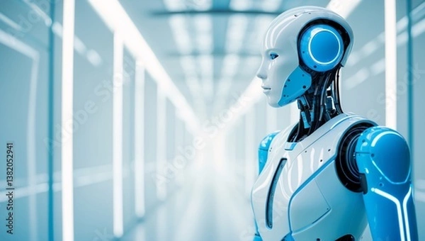 Obraz Elegant Humanoid Design: White Robot with Dynamic Blue Illumination  Generative AI