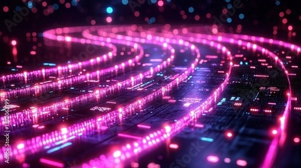 Fototapeta Glowing purple data streams flow over complex circuitry, tech abstraction