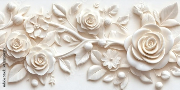 Fototapeta A beautiful fantasy vintage flower wallpaper with white color variation made from a 3d model of flowers and leaves. Elegant white floral digital art.