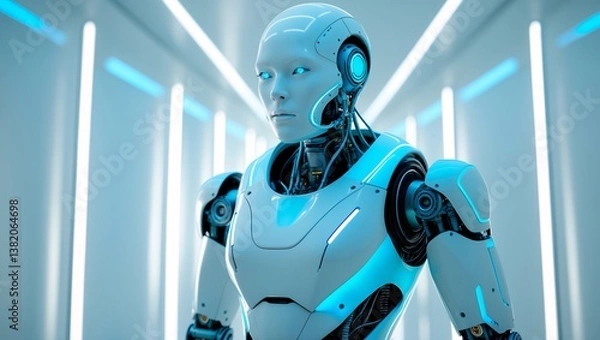 Obraz Tech-Driven Humanoid Neon Blue AI Integration & White Aesthetic – Generative AI
