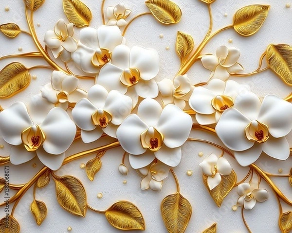 Fototapeta Orchids with golden stems and leaves A stunning 3D floral background with intricate stucco work. Abstract 3D floral background. Golden plant art decor.