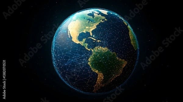 Fototapeta The image shows a digital rendering of planet Earth, predominantly showcasing North and South America.  A network of glowing lines connects numerous points across the continents, representing global
