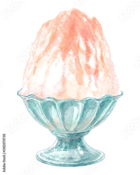 Obraz ガラスの器に入ったかき氷の水彩イラスト(コーラル・桃)