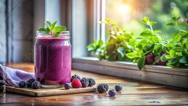 Fototapeta Refreshing Berry Smoothie in a Mason Jar by a Sunny Windowsill