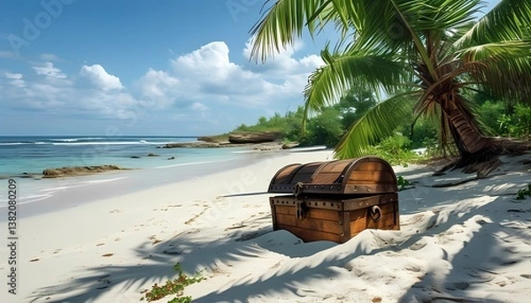 Fototapeta Tropical Beach with Treasure Chest and Palm Tree