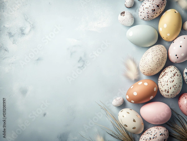 Fototapeta Elegantly painted easter eggs for design poster background against a light blue background. Copyspace provided for text editing