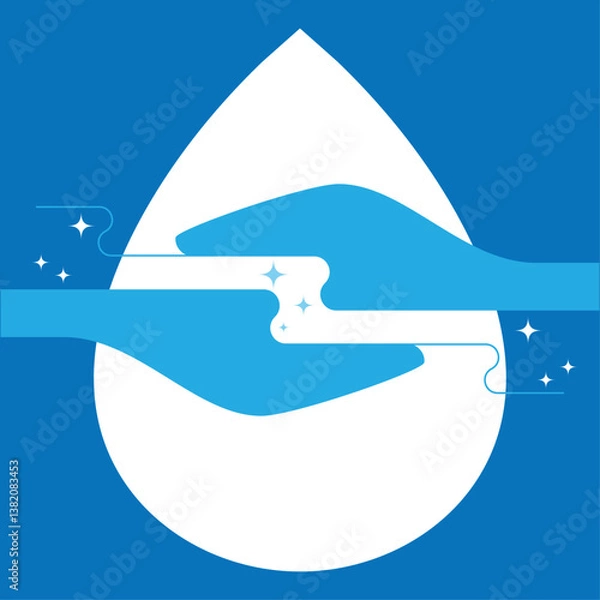 Obraz Water conservation through interlocking hands, space between shaped as water stream, within water droplet. Sparkles suggest purity, emphasizing importance of clean water and unity in preservation. 