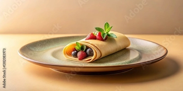 Fototapeta A delicately rolled crepe, artfully arranged on a rustic plate, is adorned with a medley of fresh berries and a sprig of mint, creating a visually appealing culinary masterpiece.