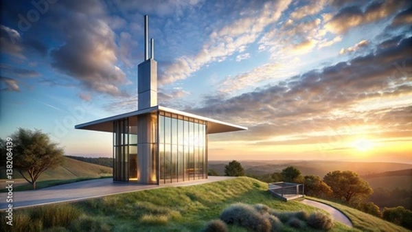 Fototapeta Serene Hilltop Pavilion A Modern Glass Structure at Sunset with Rolling Hills Landscape
