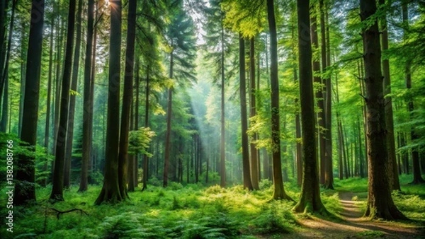 Fototapeta Dense forest with tall trees and underbrush, greenery, canopy,  greenery