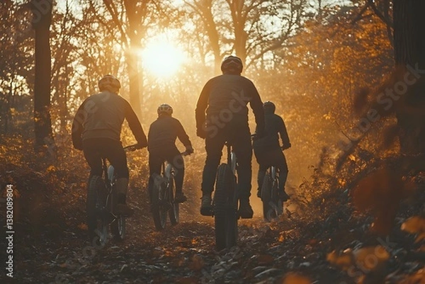 Fototapeta Group of people riding bicycles on a forest path with sunlight.