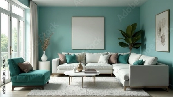Fototapeta Modern Sectional Sofa and Teal Accent Chair in a Serene Living Room with a Large Blank Canvas