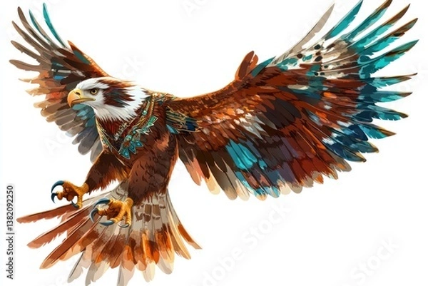 Fototapeta Majestic eagle in flight, vibrant plumage, white background, freedom
