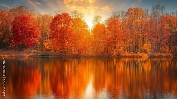 Obraz Lake reflects trees, vibrant autumn colors, sunset skies, tranquil scenic view