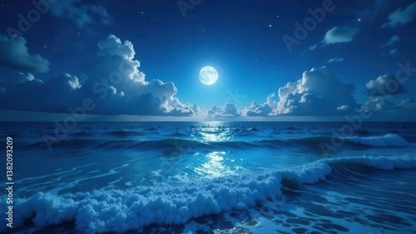 Fototapeta Serene Night Seascape Ocean Waves Under a Full Moon and Starlit Sky