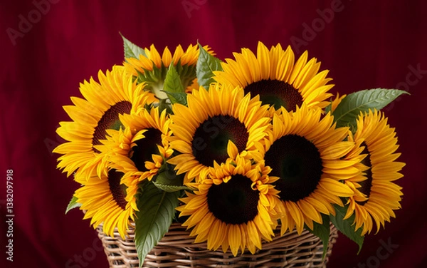 Fototapeta Bright yellow sunflowers with dark centers are arranged in a woven basket against a deep red backdrop.  The flowers are in full bloom and vibrant.