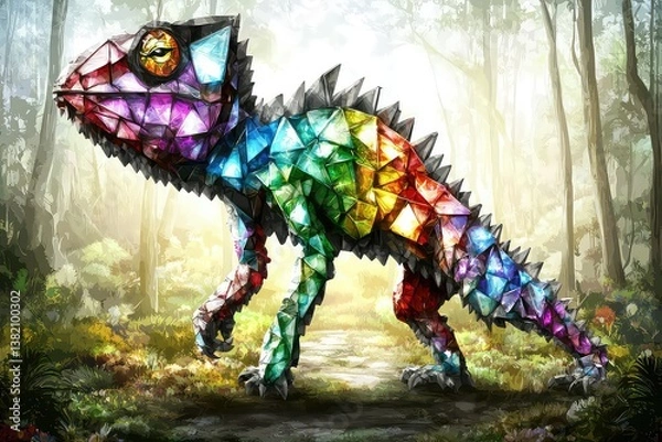 Fototapeta Colorful geometric chameleon in forest setting