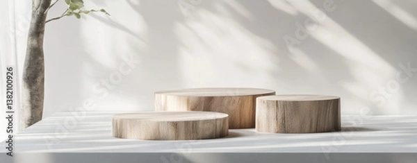 Obraz Natural wood podiums create serene display on minimalist table, enhancing beauty of space with their organic shapes and textures. soft shadows add depth and warmth