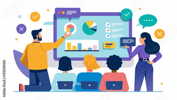 Fototapeta A large interactive touchscreen display captures the attention of attendees as they navigate through a dynamic multimedia presentation each tap revealing new insights and trends.. Vector illustration