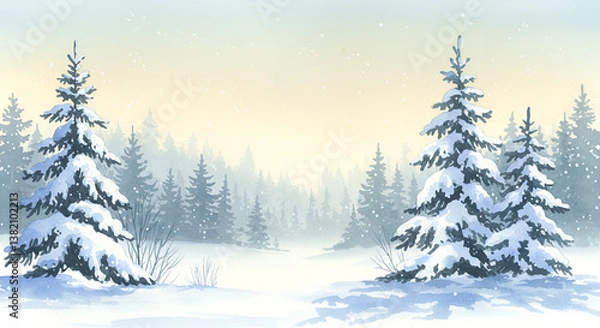 Obraz Winter forest background with snowy pine trees in watercolor