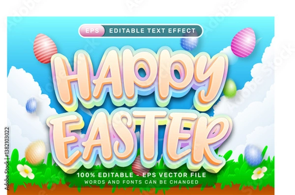 Fototapeta happy easter 3d text effect and editable text effect with easter egg illustrations